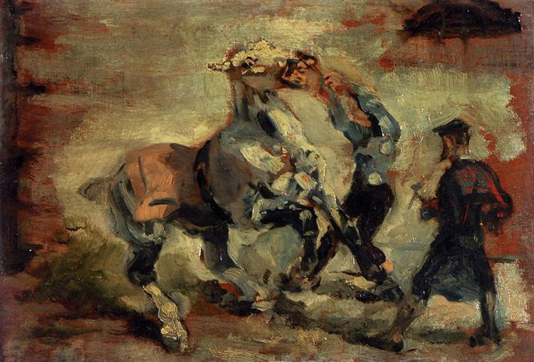 Анри Тулуз-Лотрек — «Лошадь, сопротивляющаяся наезднику», 1881 г.
