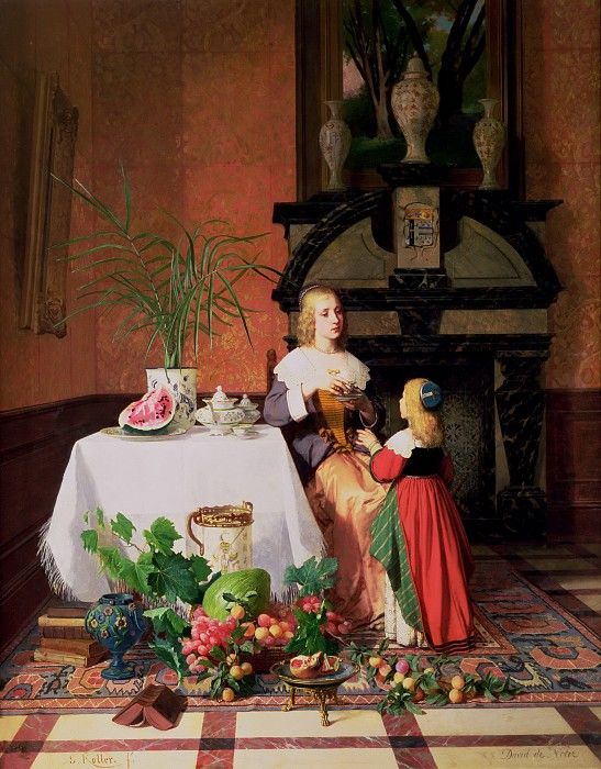 Давид Эмиль Жозеф де Нотер. Фигуры и фрукты на фоне интерьера