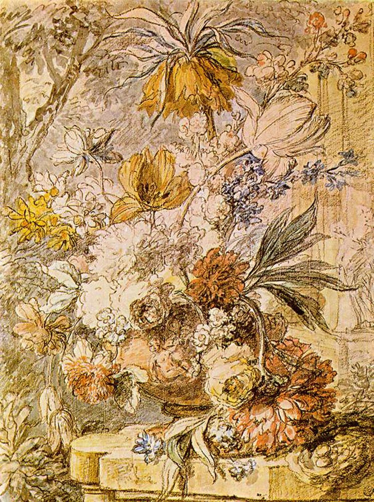 Ян ван Хейсум. Натюрморт с цветами в терракотовой вазе с императорской короной, яблоневым цветом и статуей флоры