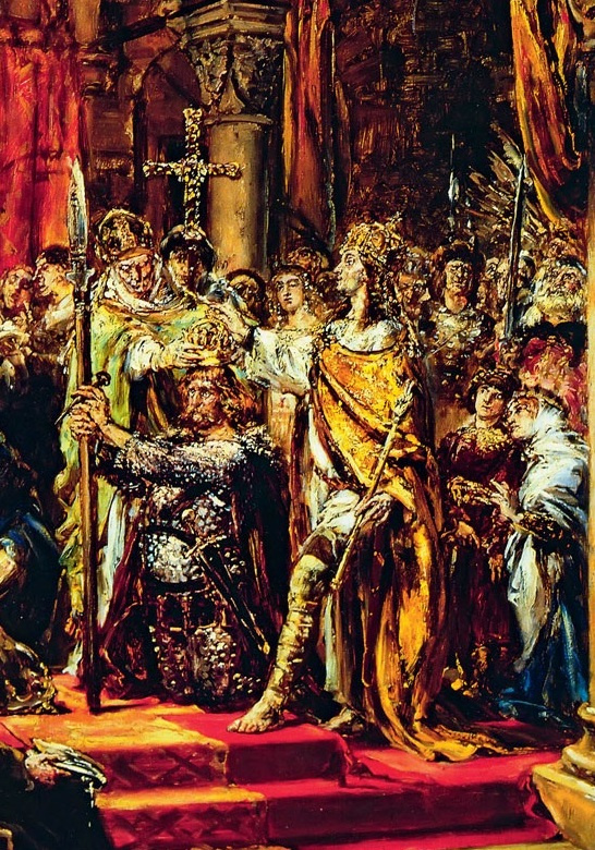 Коронация первого короля, 1001 год. Фрагмент. Войцех, первый архиепископ Гнезненский, коронует Болеслава Храброго