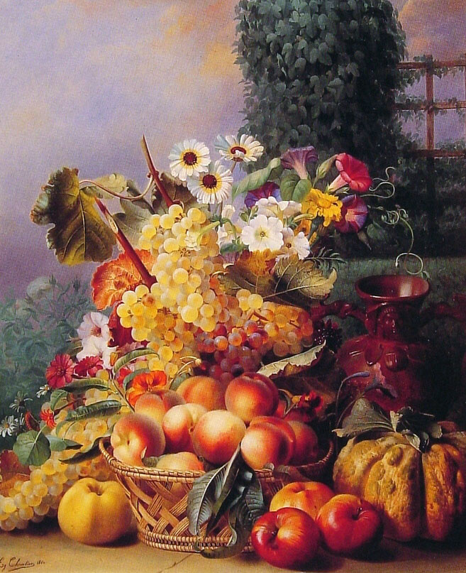 Эжен Адольф Шевалье. Натюрморт с цветами и фруктами