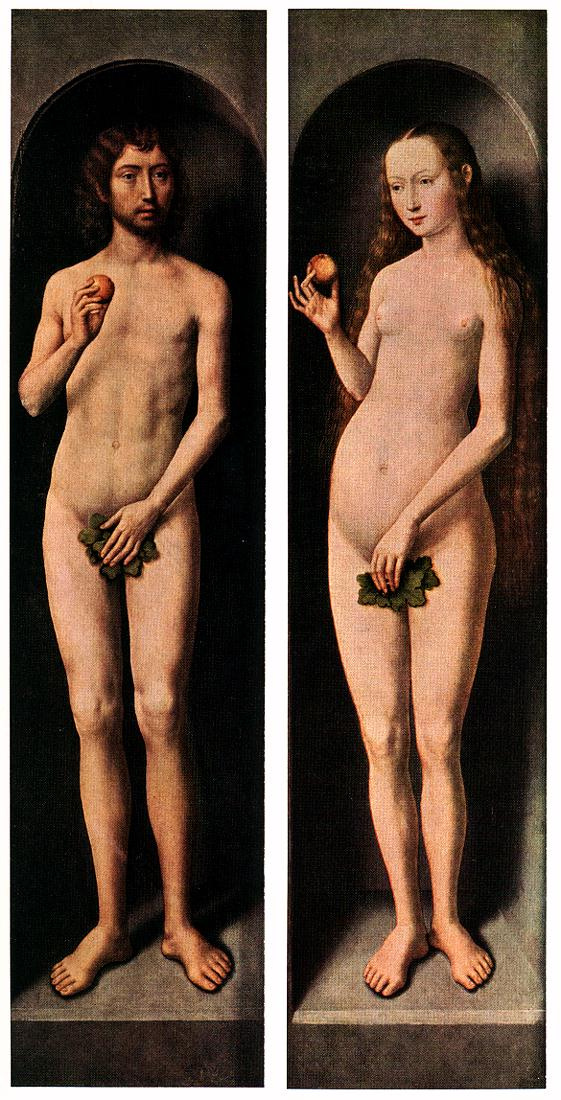 Ганс Мемлинг. Малый триптих Святого Иоанна Крестителя. Боковые панели, внешняя сторона: Адам и Ева