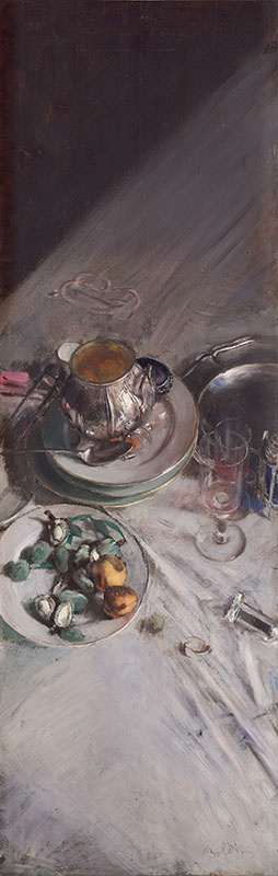 Джованни Больдини. Натюрморт с посудой на углу стола