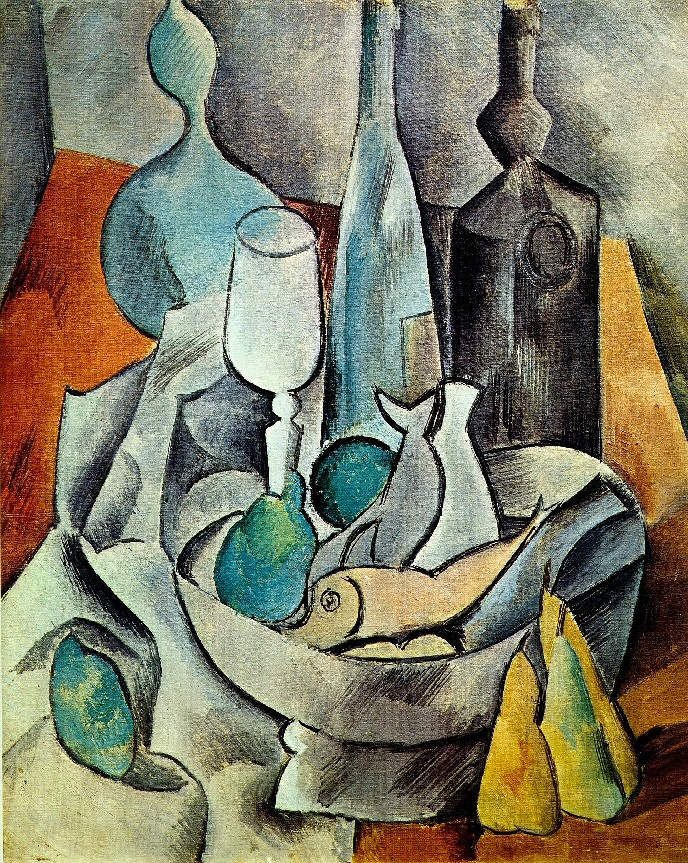 Пабло Пикассо. Натюрморт с рыбой и бутылками