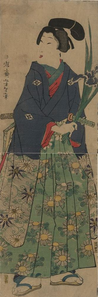 Цукиока Ёситоси. Молодая женщина с ирисами
