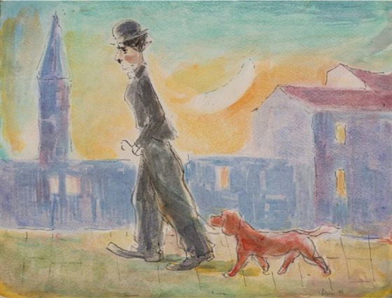 Моисей Александрович Фейгин. Чаплин на прогулке с собачкой