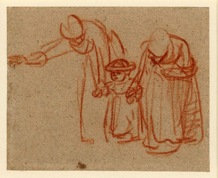 Рембрандт Харменс ван Рейн. Две женщины учат ребёнка ходить
