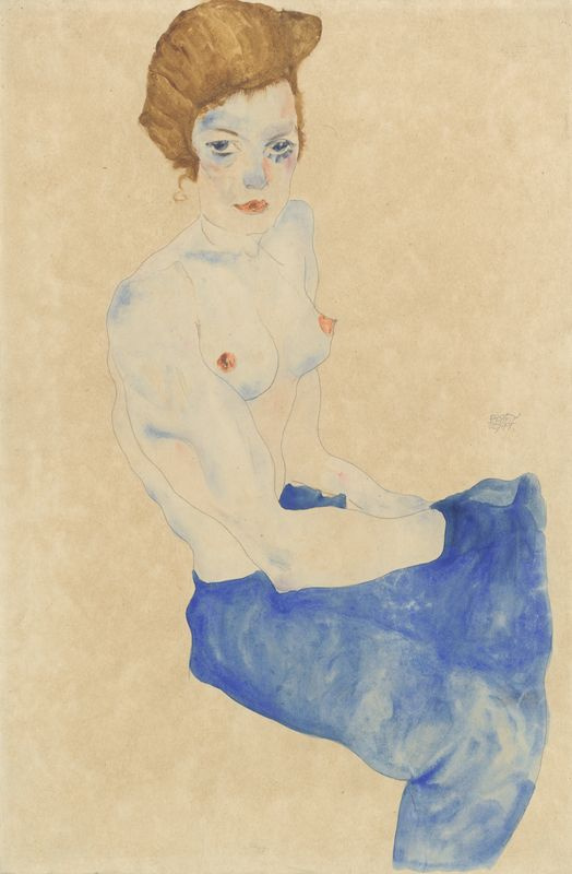 Эгон Шиле. Сидящая женщина в синей юбке с оголенным торсом