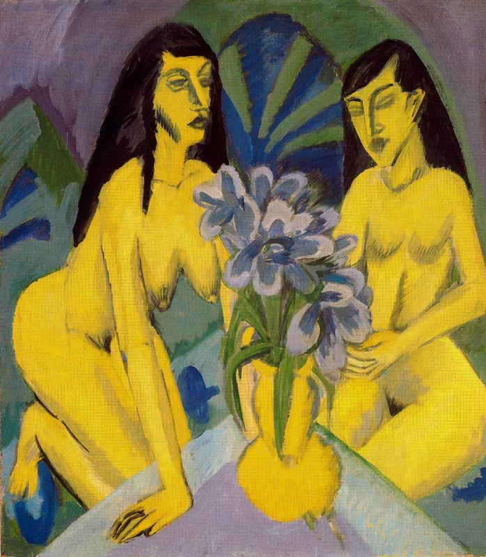 Две обнаженные женщины с букетом цветов