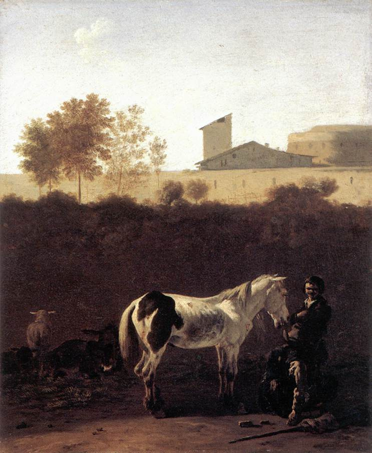 Карел Дюжарден. Итальянский пейзаж с пастухом и пегим конем