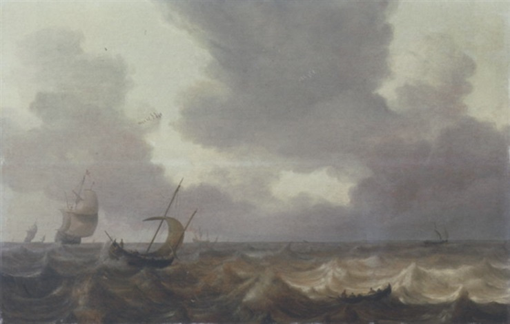 Ян Порселлис. Парусные суда и гребная лодка в штормовом море