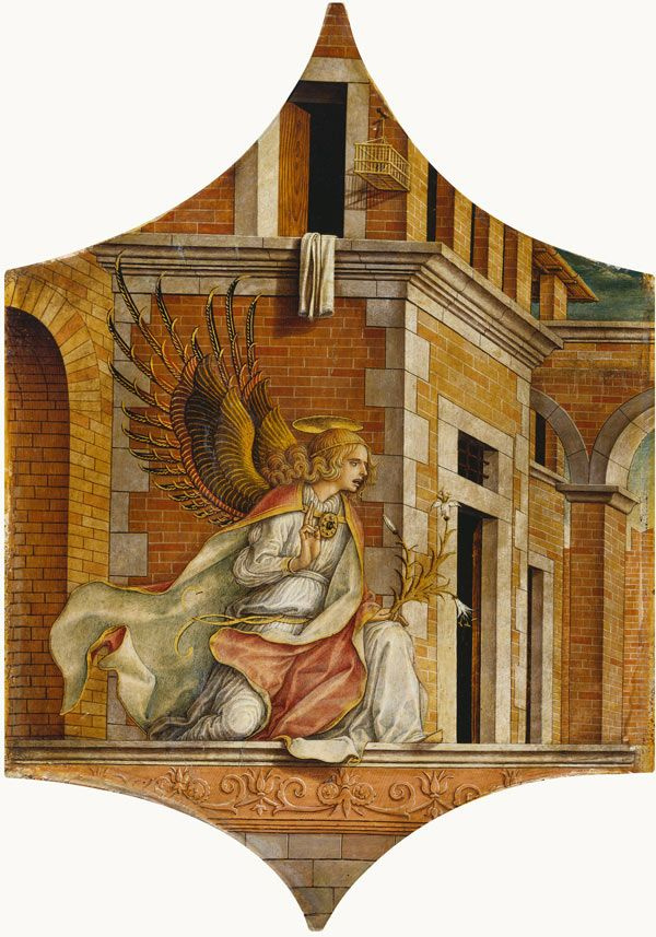 Карло Кривелли. Благовествующий ангел. Алтарный триптих из собора Камерино, левое навершие