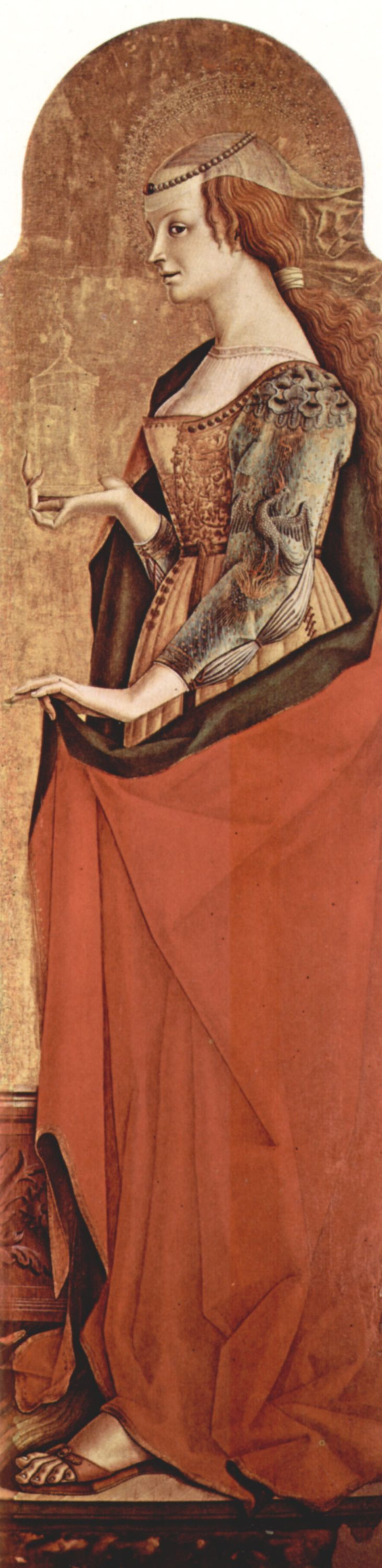 Карло Кривелли. Святая Мария Магдалина. Алтарный полиптих церкви Сан Франческо в Монтефиоре дель Ассо, правая створка внешняя сторона