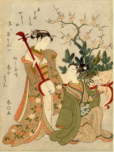 Судзуки Харунобу. Две девушки с маской и сямисэном