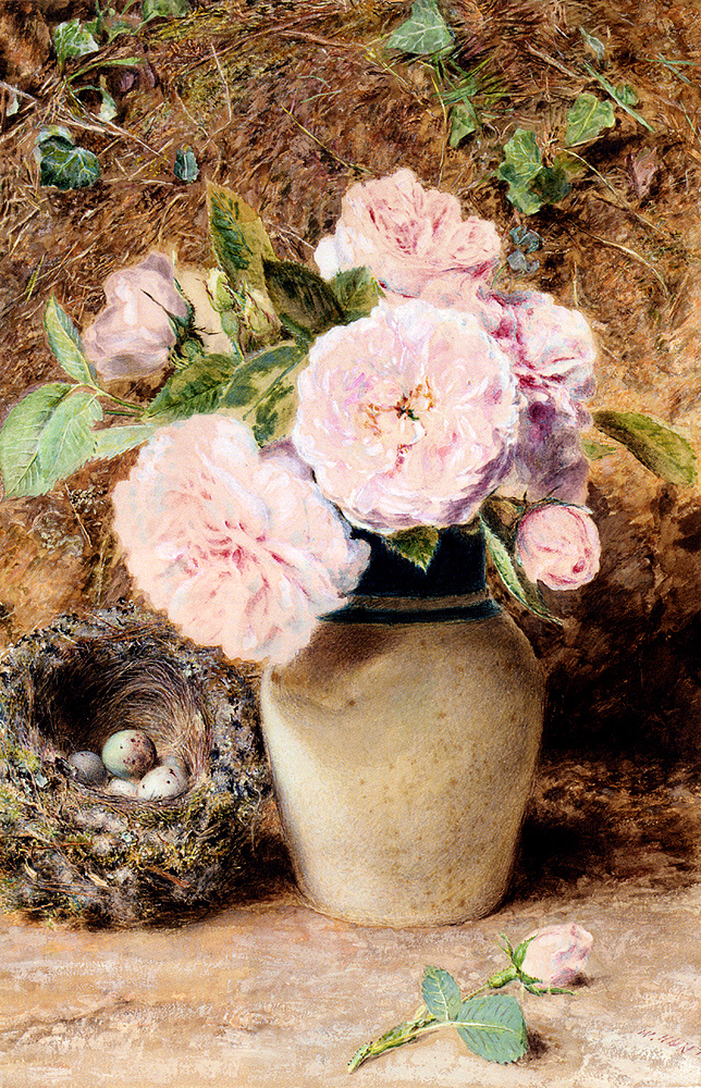 Уильям Генри Хант. Натюрморт с розами в вазе и гнездом птиц