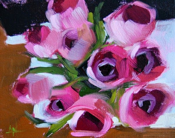 Анджела Моултон. Розовые тюльпаны на краю стола
