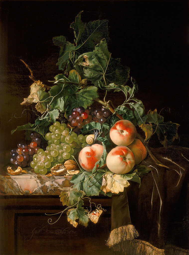 Виллем ван Алст. Натюрморт с виноградом, персиками и грецкими орехами