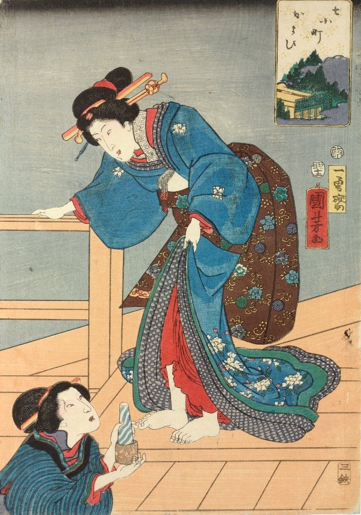 Утагава Куниёси. Серия "7 японских Комати". Женщина на деревянном балконе