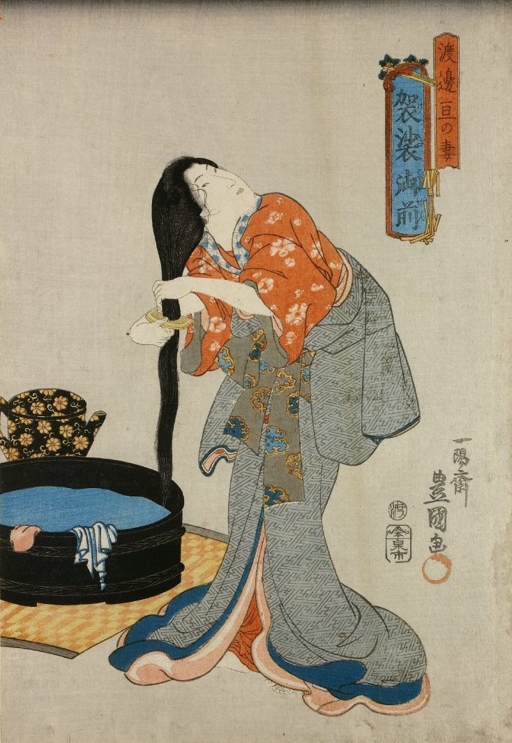 Утагава Кунисада. Кесэ, жена Ватанабэ, расчесывает волосы