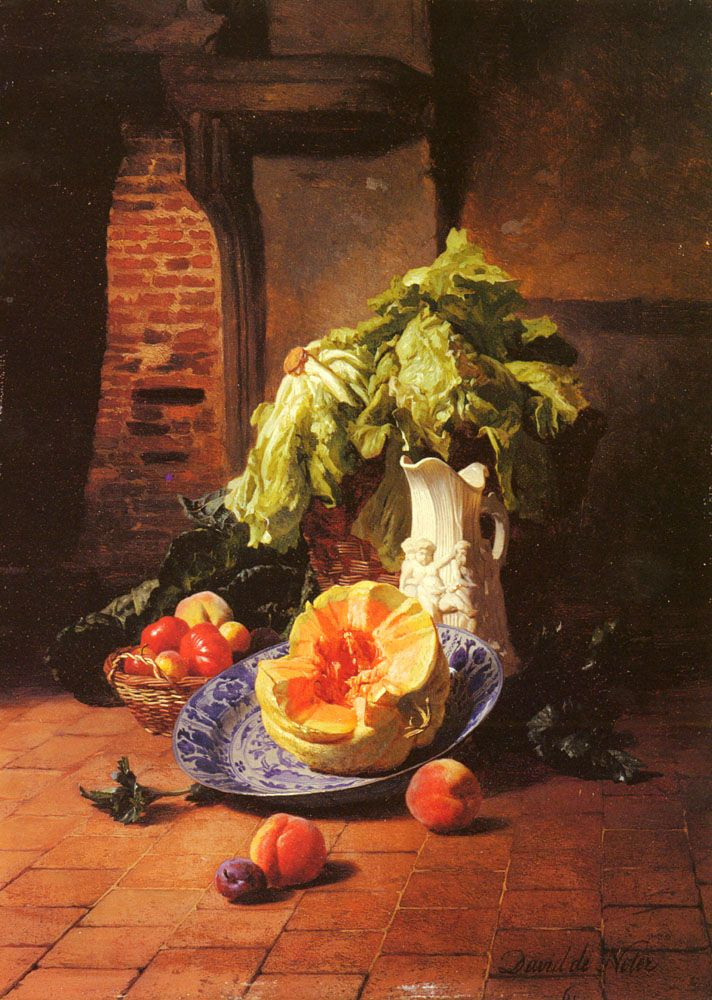 Давид Эмиль Жозеф де Нотер. Натюрморт с белым фарфоровым кувшином, фруктами и овощами