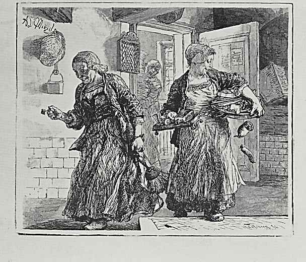 Адольф фон Менцель. Иллюстрация к "Разбитому кувшину" Генриха фон Кляйста, Две смеющиеся служанки