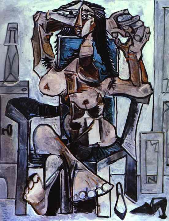 Пабло Пикассо. Обнаженная в кресле с бутылкой "Эвиан", стаканом и туфлями