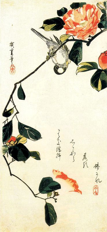 Утагава Хиросигэ. Синица на ветке камелии. Серия "Птицы и цветы"