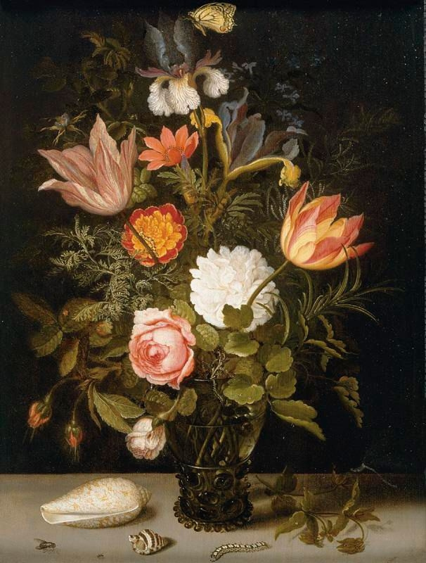 Балтазар ван дер Аст. Рёмер с букетом цветов и бабочкой, раковина и гусеница