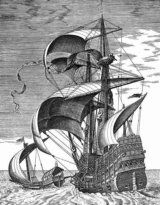 Питер Брейгель Старший. Военный трехмачтовый корабль в открытом море в сопровождении галеры