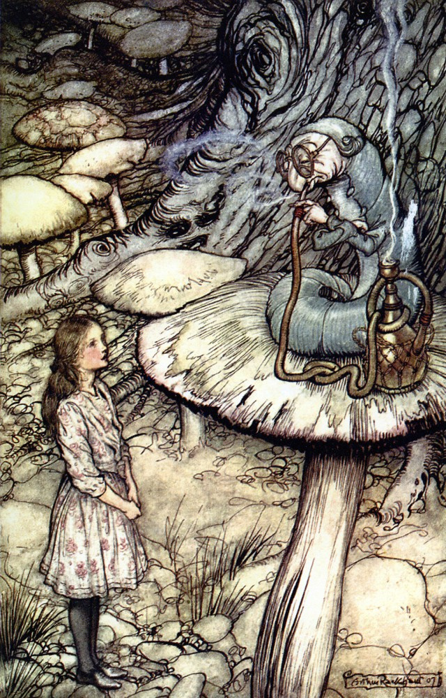 Артур Рэкхэм. Встреча с гусеницей. Иллюстрация к сказке "Алиса в Стране чудес"