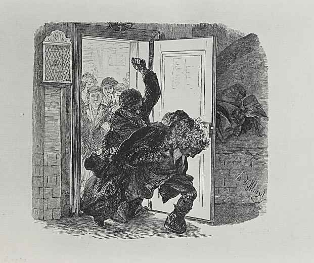 Адольф фон Менцель. Иллюстрация к "Разбитому кувшину" Генриха фон Кляйста, Адам, спасаясь от кулаков Рупрехта, бросается вон из зала суда