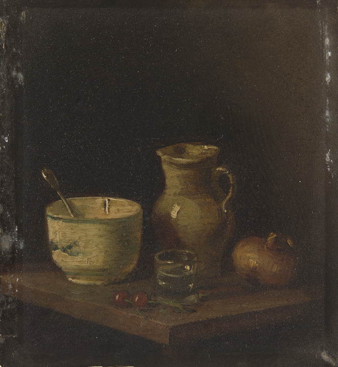 Жан Батист Симеон Шарден. Натюрморт с глиняным кувшином, чашей, вишней и луком