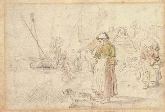 Хендрик Аверкамп. Две женщины и собака на берегу реки