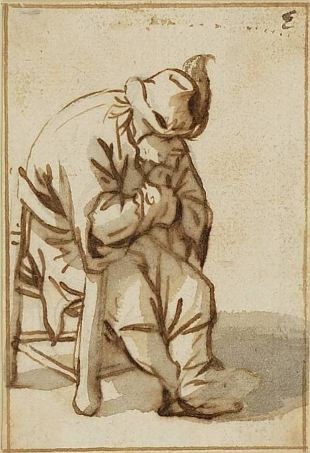 Адриан Янс ван Остаде. Сидящий крестьянин в шляпе с пером