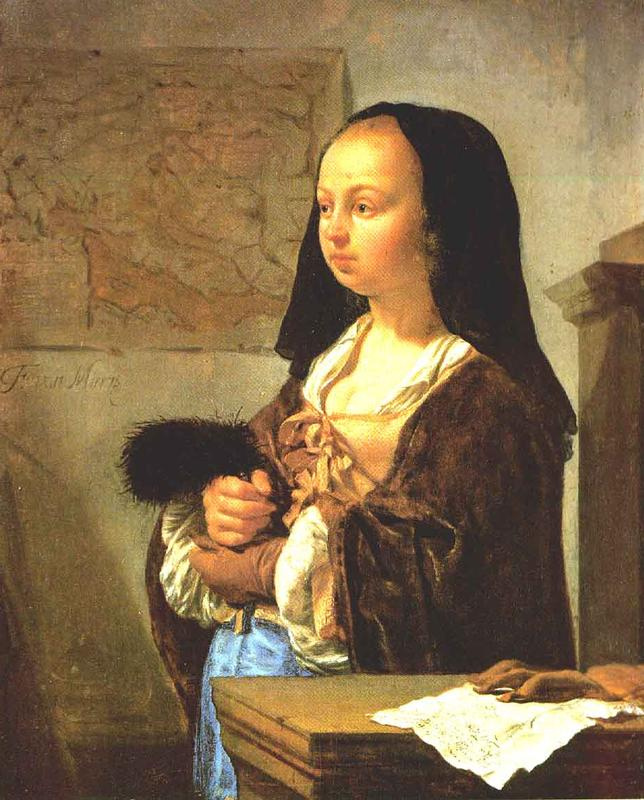 Франц ван Мирис Старший. Молодая женщина с перьями в руках