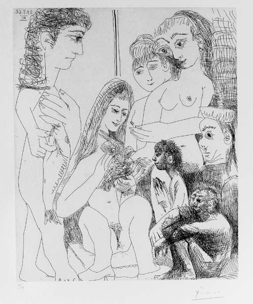 Пабло Пикассо. Семь фигур с молодым человеком, несущим рыбу, и женщина, держащая птицу