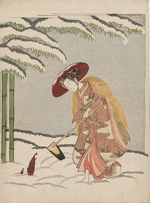 Судзуки Харунобу. Женщина выкапывает бамбуковые побеги из снега