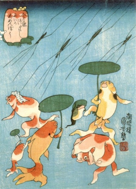 Утагава Куниёси. Японские сказки о рыбах: внезапный ливень из водомерок