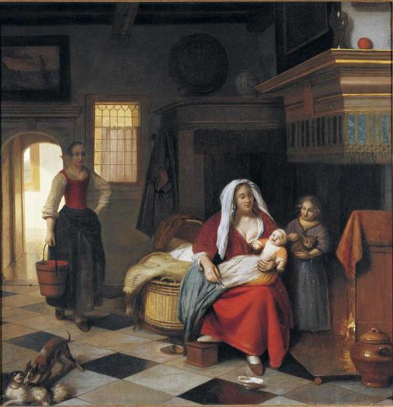 Питер де Хох. Мать с детьми у камина и служанка с ведром воды