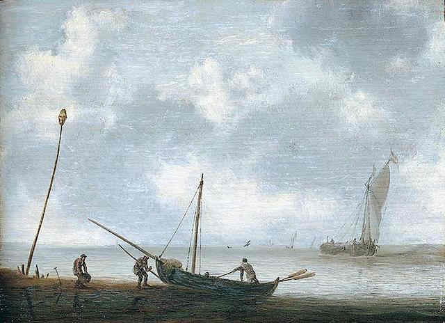 Ян Порселлис. Морской пейзаж с лодкой на берегу и парусником в море