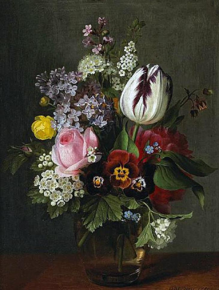 Отто Дидрик Оттесен. Натюрморт с розой, тюльпаном, анютиными глазками и другими цветами в стеклянной вазе