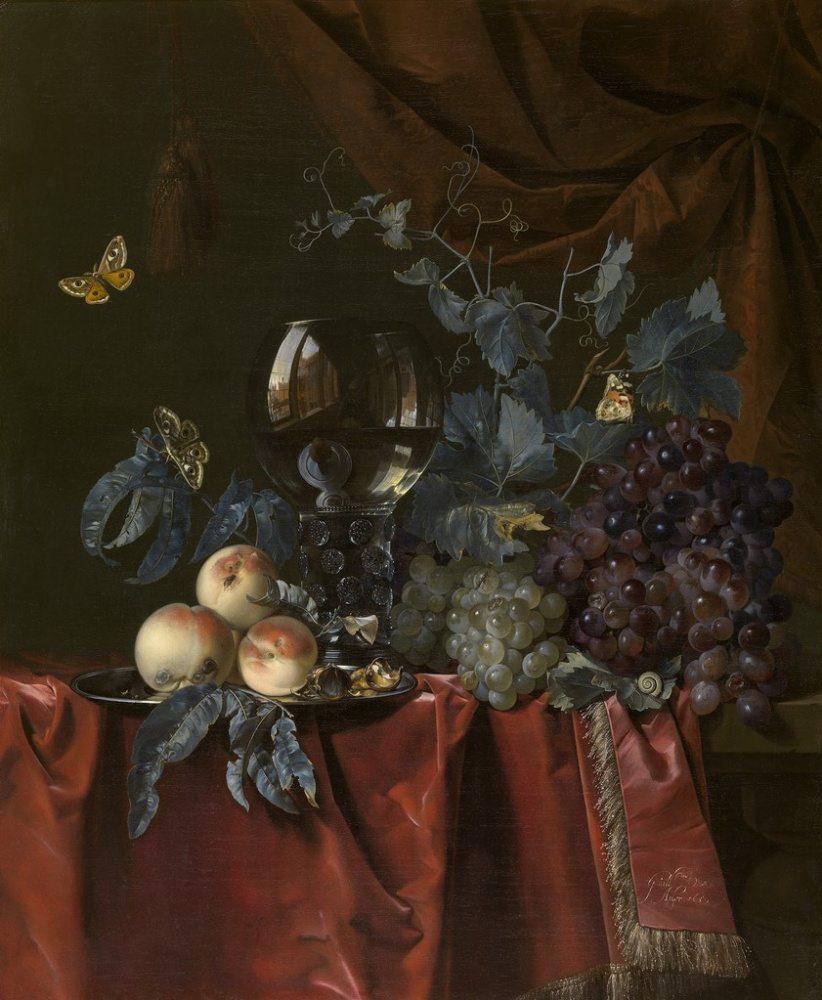 Виллем ван Алст. Натюрморт с виноградом, персиками и ремером