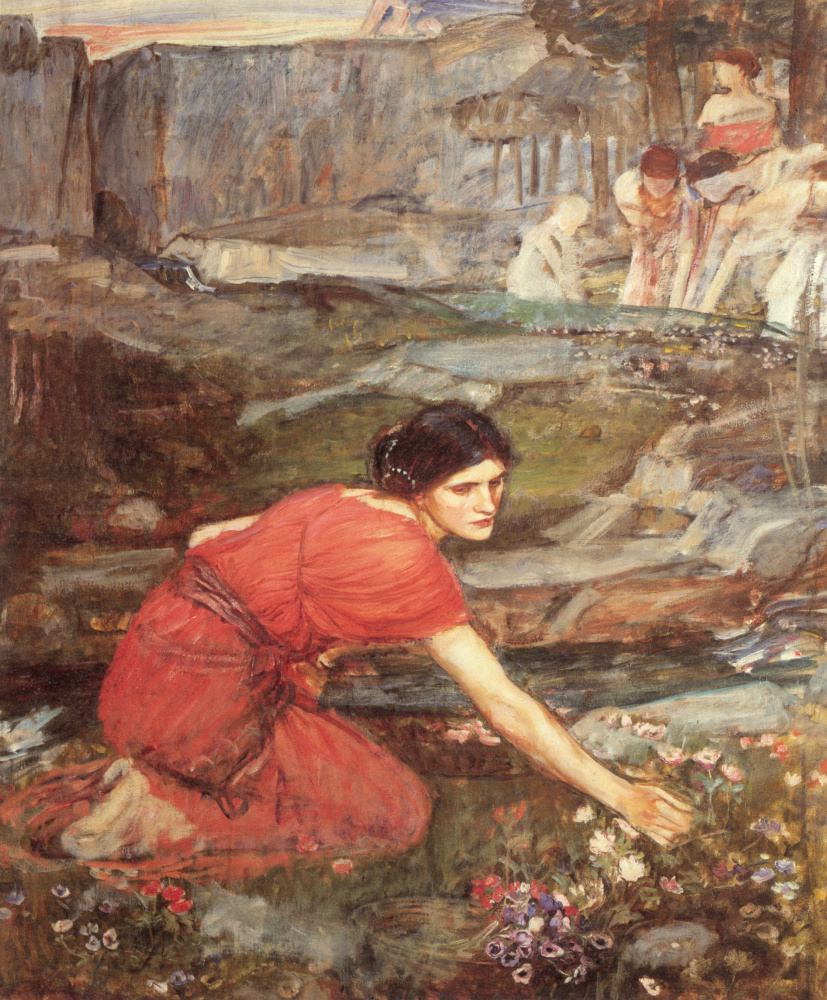 Джон Уильям Уотерхаус. Девушка собирает цветы у ручья. Этюд
