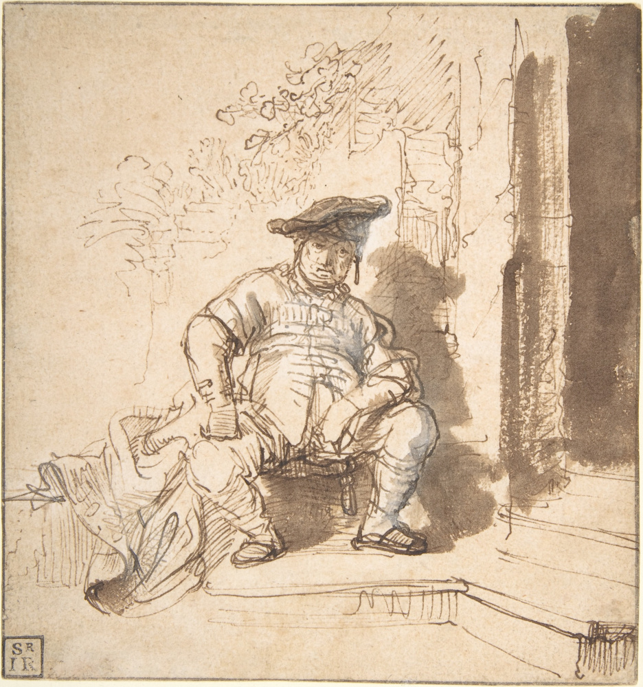 Рембрандт Харменс ван Рейн. Сидящий человек в плоской шляпе