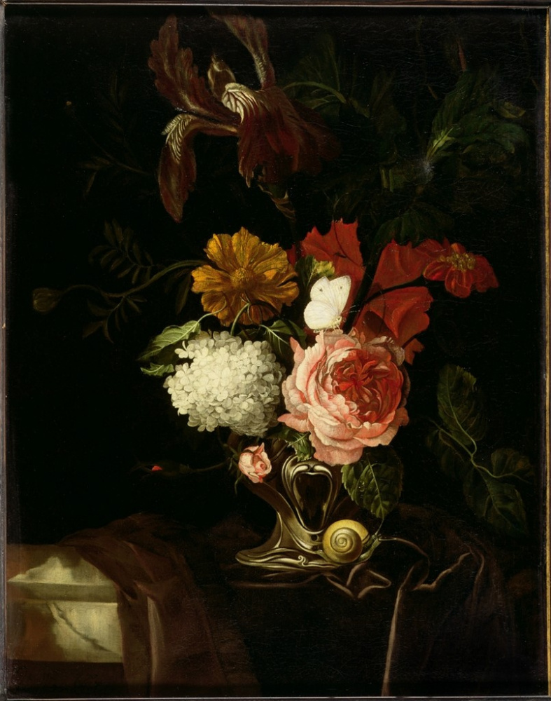 Виллем ван Алст. Натюрморт с цветами в вазе, улиткой и бабочкой