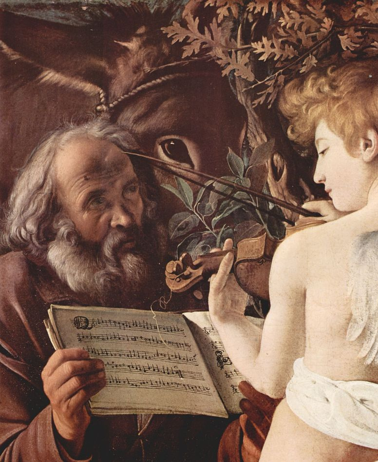 Микеланджело Меризи де Караваджо. Отдых на пути в Египет, деталь: Иосиф и музицирующий ангел
