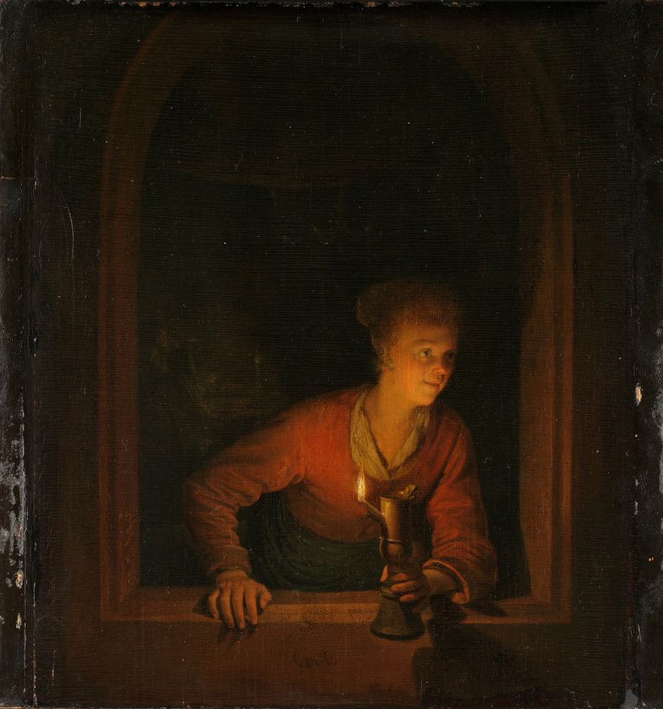 Геррит (Герард) Доу. Девушка в окне с масляной лампой