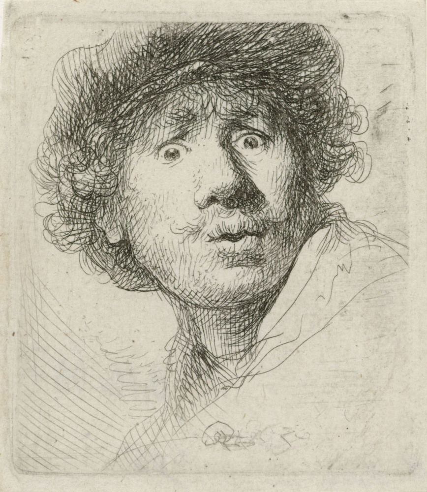 Рембрандт Харменс ван Рейн. Автопортрет в берете и с вытаращенными глазами
