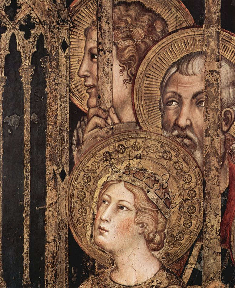 Симоне Мартини. Маэста, Мадонна на троне как патронесса города, окруженная святыми, фреска в Палаццо Пубблико в Сиене, деталь: Святые