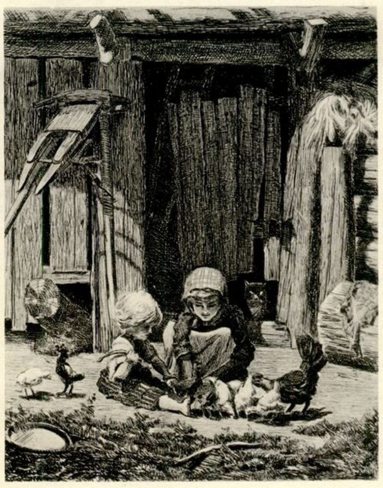 Константин Аполлонович Савицкий. Дети кормят цыплят у хлева